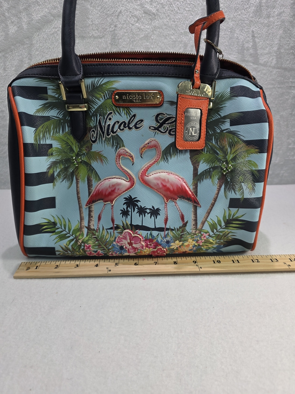 Nicole Lee Teal Tropical Flamingo Dome Satchel Bag with Orange Trim - Picture 5 of 7